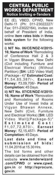 Central Public Works Department Tender Advertisement