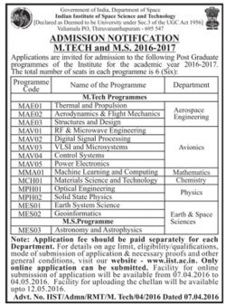 Indian Institute Space Science Technology Admission Notification 2016-17 Ad