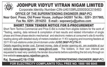 Jodhpur Vidyut Vitran Nigam Limited Tender Ad