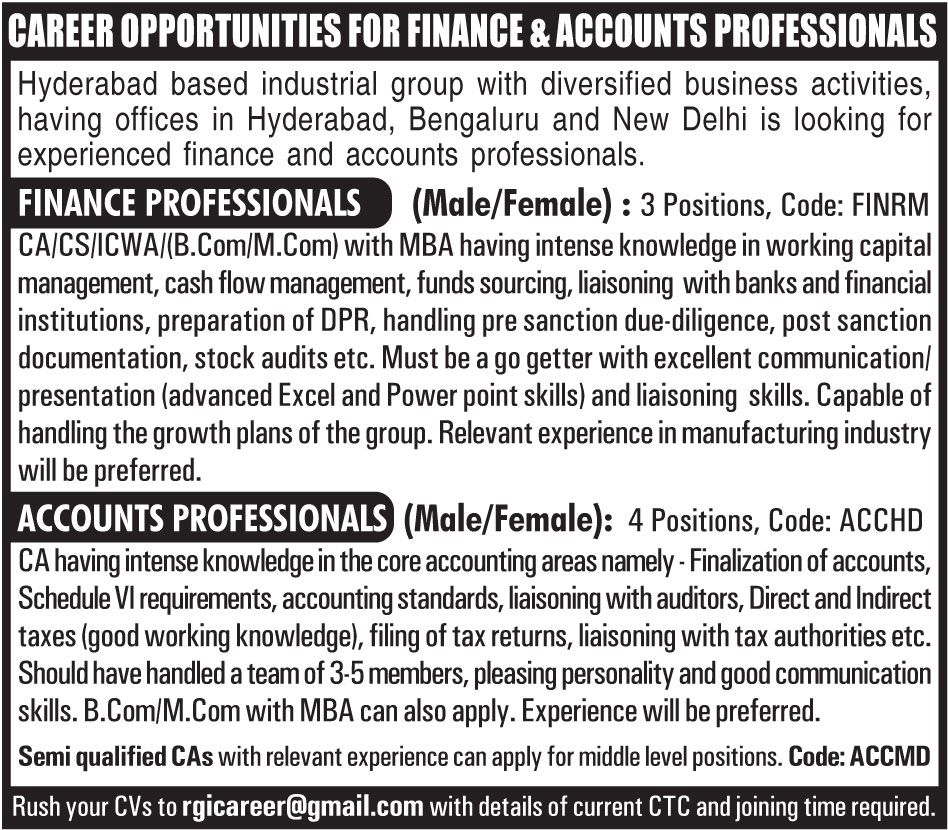 Career Opportunities for Finance Accounts Professionals Ad