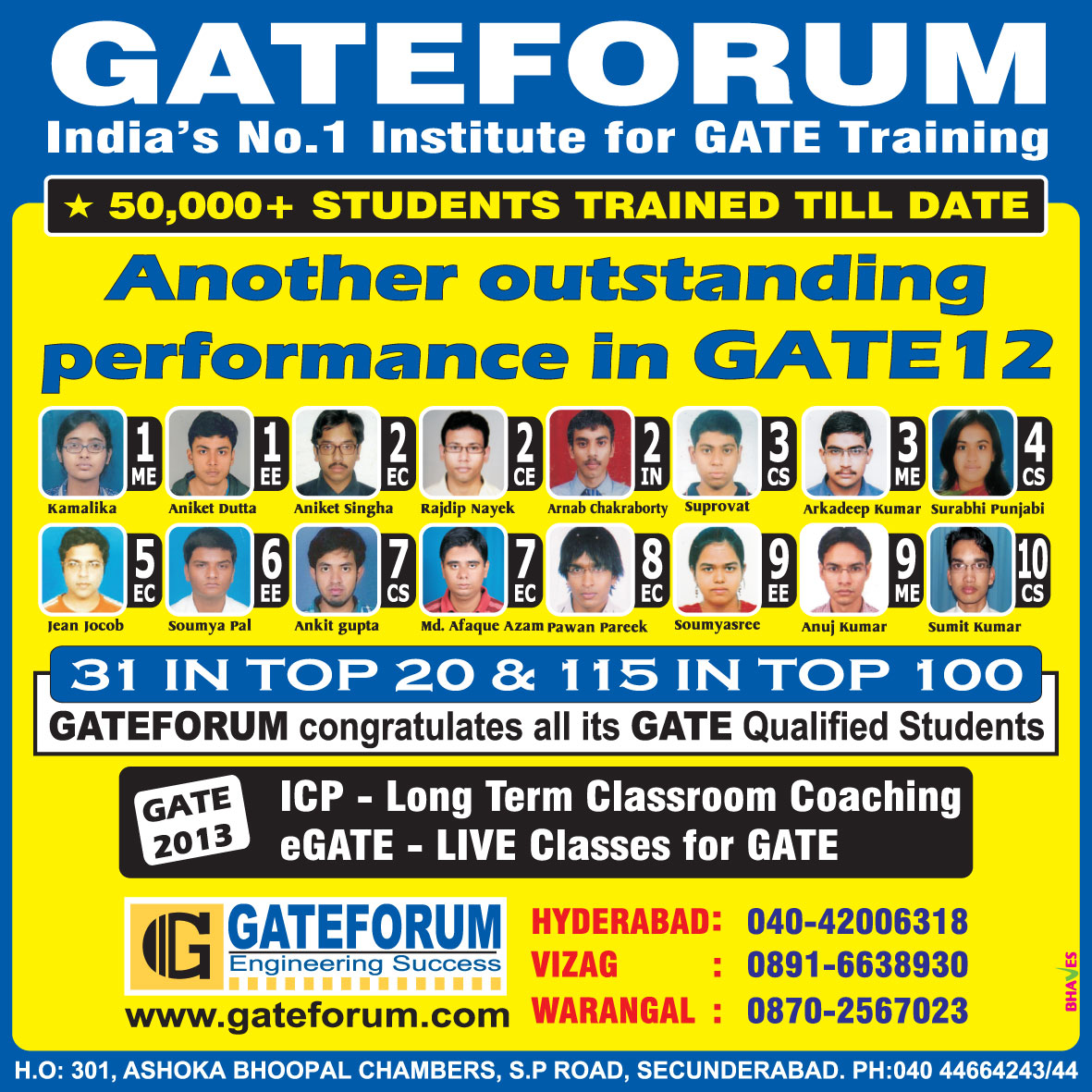 Gateforum Gate 2012 Result Ad in Eenadu Newspaper