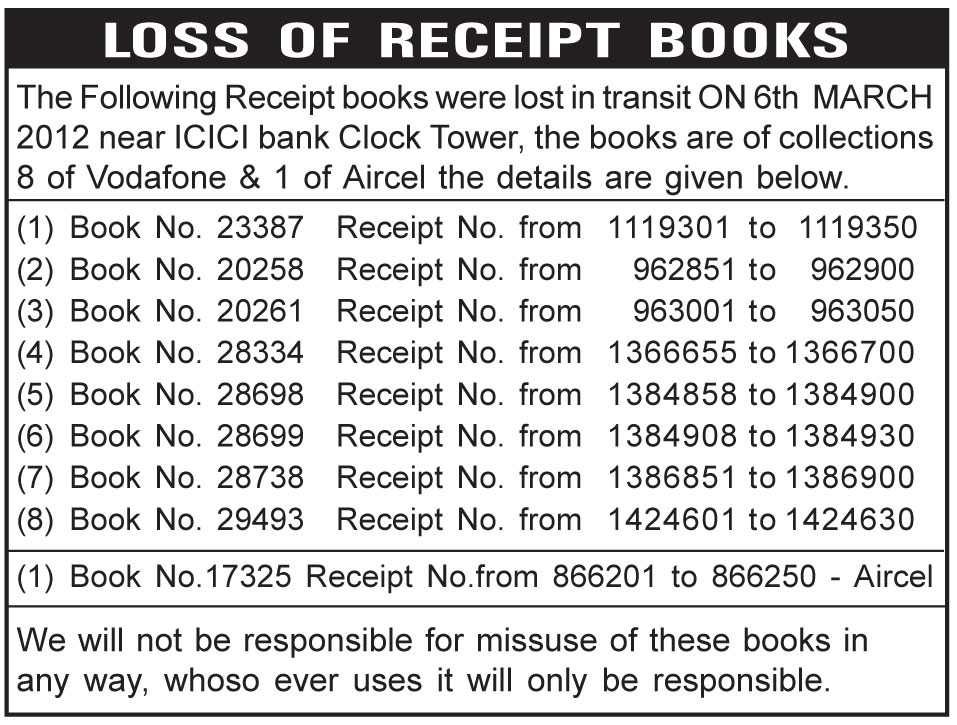 Lost of Receipt Books Ad in Newspaper