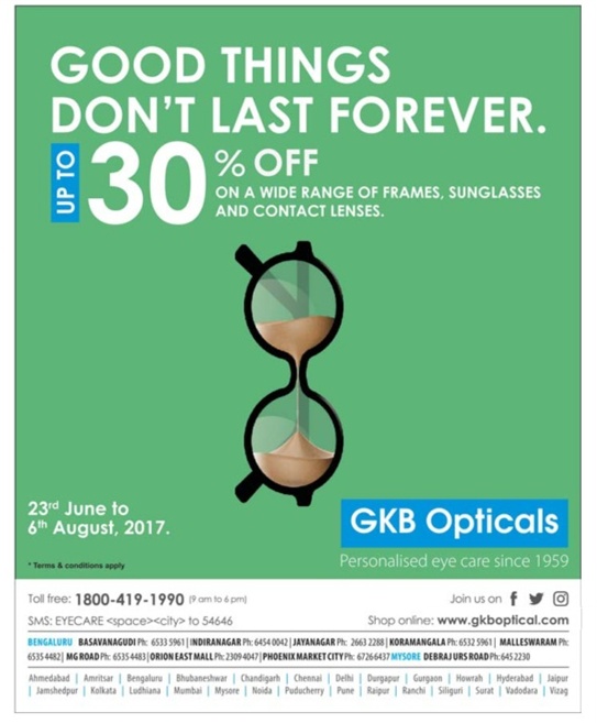 GKB Opticals Good Things Don't Last Forever upto 30% Off Ad - Advert ...