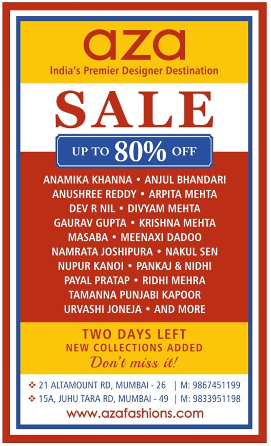 Aza Fashoins Indias Premier Designer Destination Sale Upto 80% Off Ad ...
