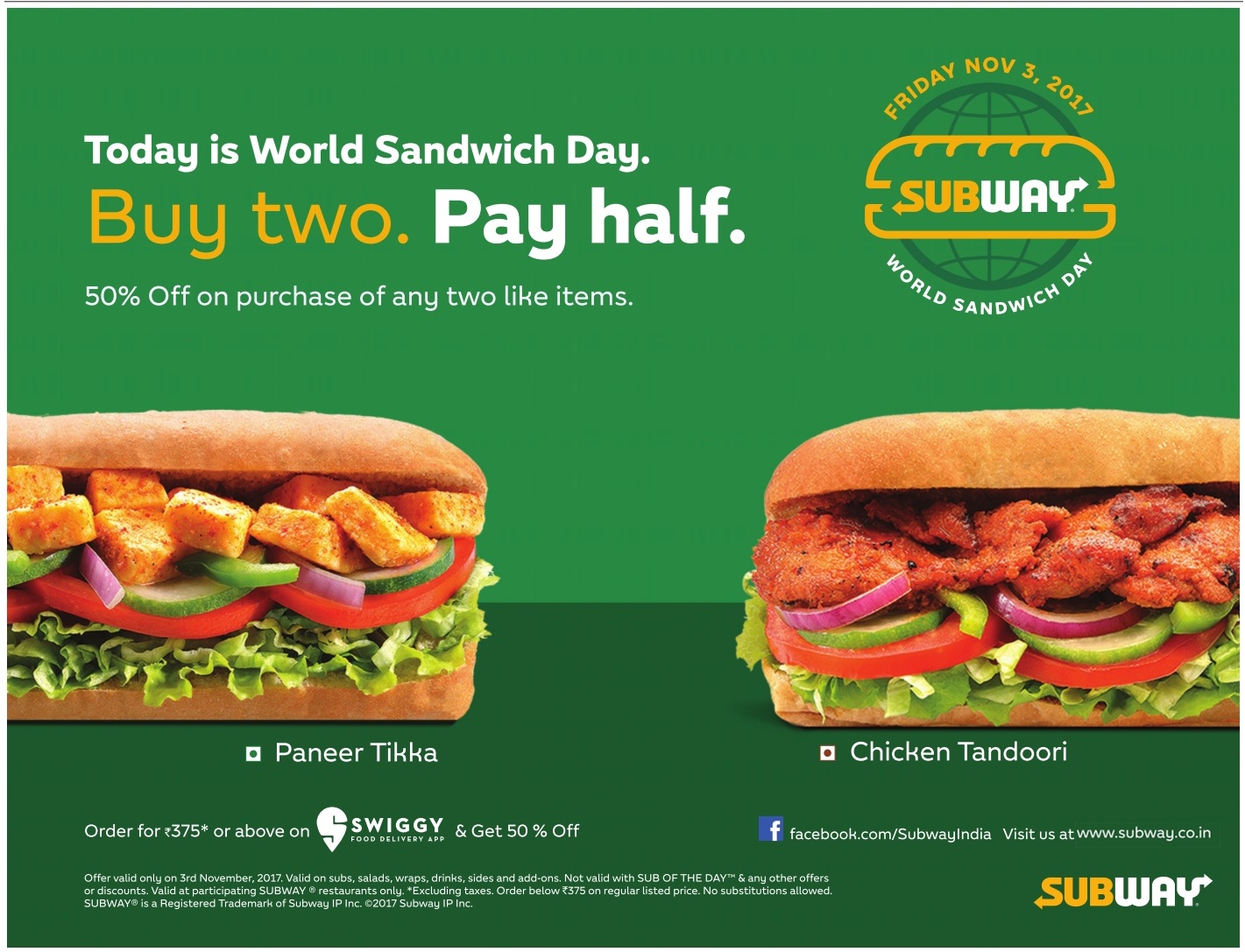 Subway Today Is World Sandwich Day Buy Two Pay Half 50 Off On Purchase