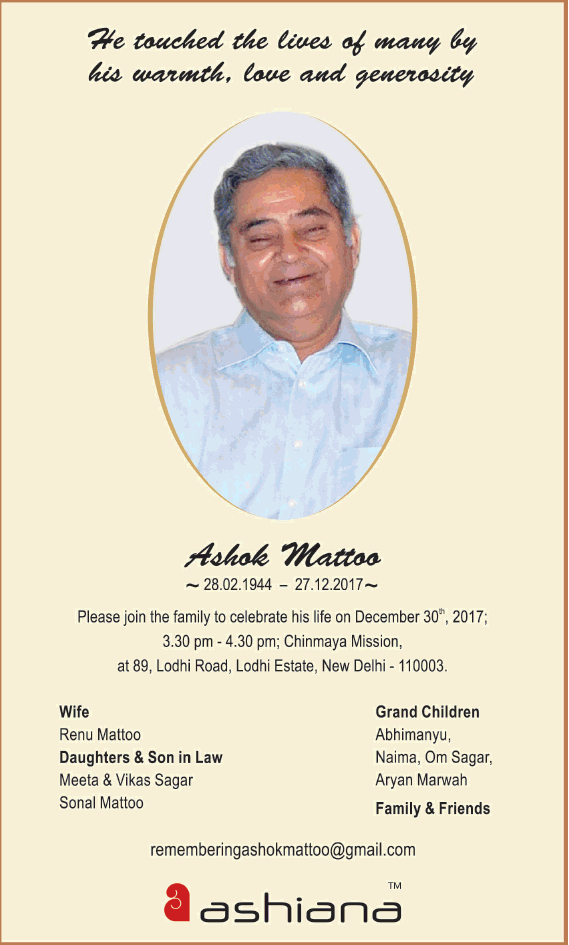 Ashok Mattoo Obituary Ad - Advert Gallery