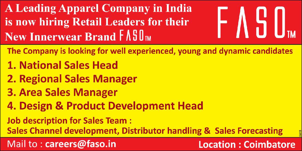 Faso A Leading Apparel Company In India Is Now Hiring Retail