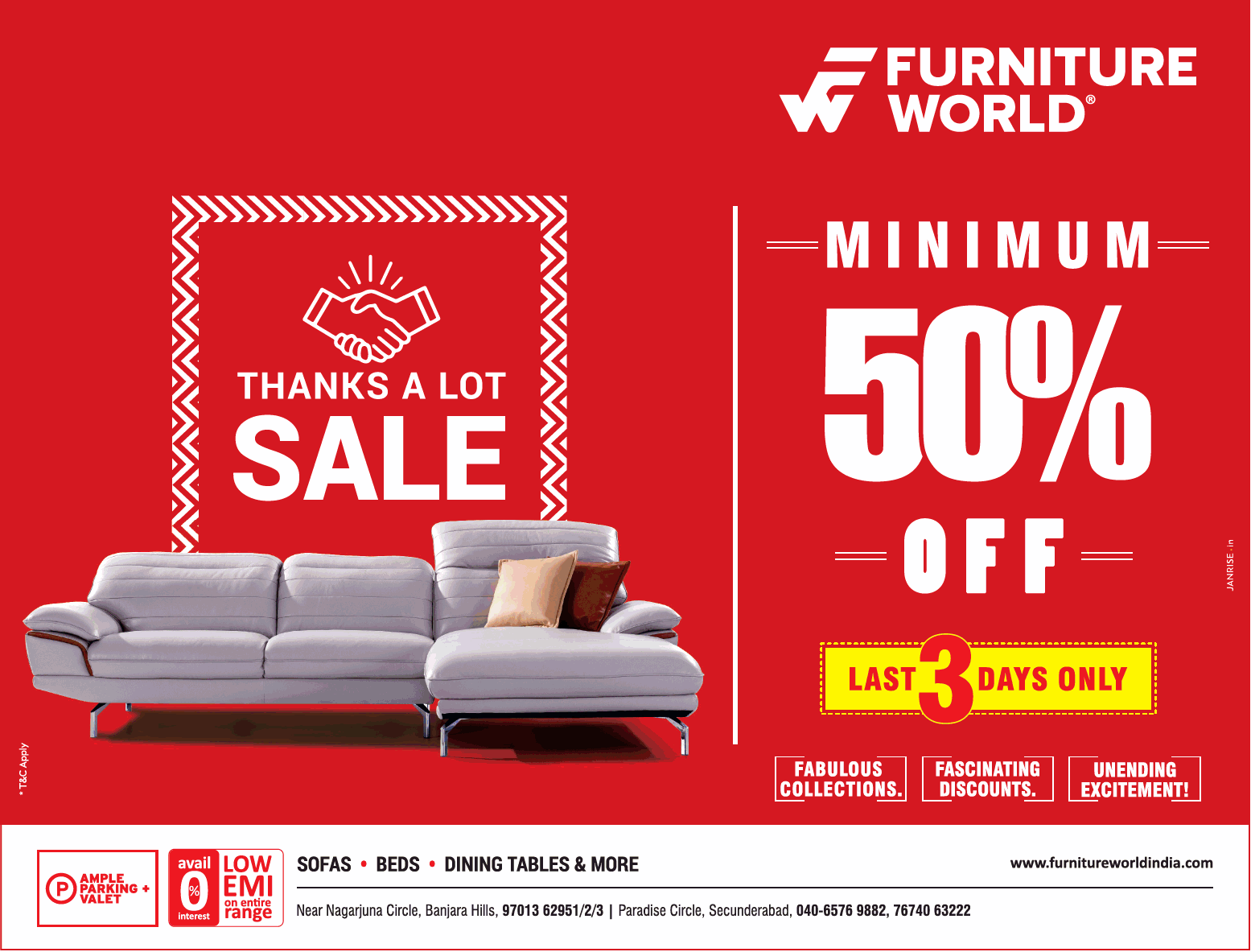 Furniture World Thanks A Lot Sale Minimum 50 Off Ad Times Of India Hyderabad 09 02 2018 