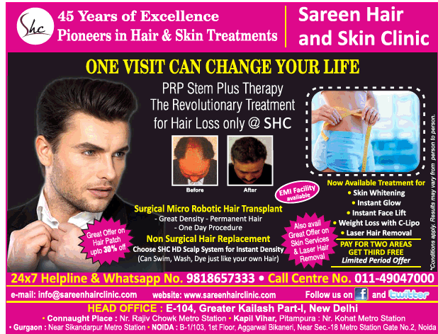 Shc 45 Years Of Excellence Pioneers In Hair And Skin Treatments Sareen  Haior And Skin Clinic Ad - Advert Gallery