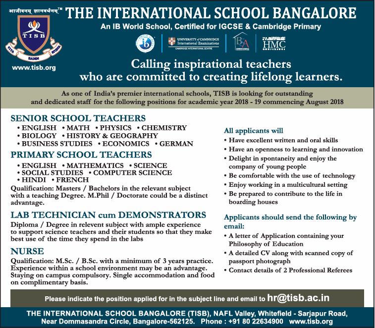 The International School Bangalore Requires Senior School Teahcers Ad Times Ascent Bangalore 11 04 2018 