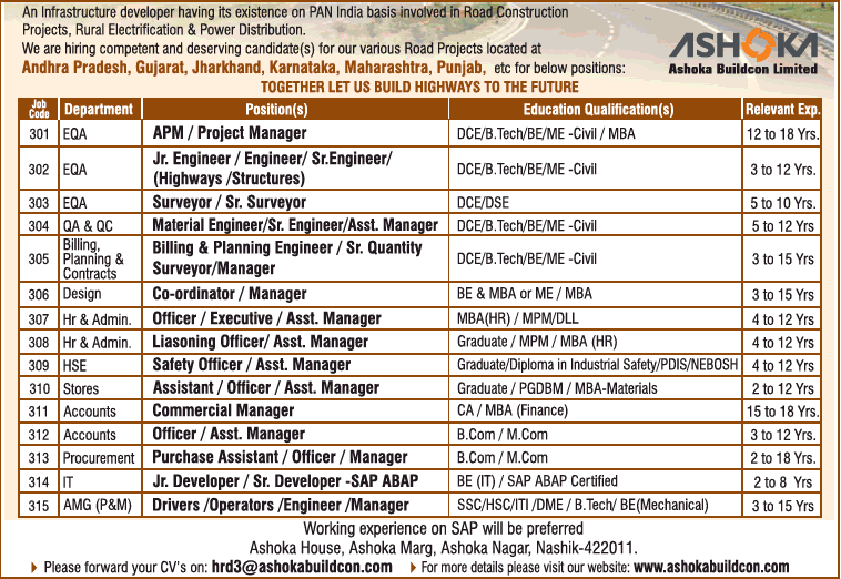 Ashoka Buildcom Limited Requires Project Manager Ad - Advert Gallery