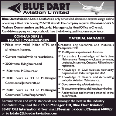 Blue Dart Aviation Lited Requires Commanders Ad - Advert Gallery