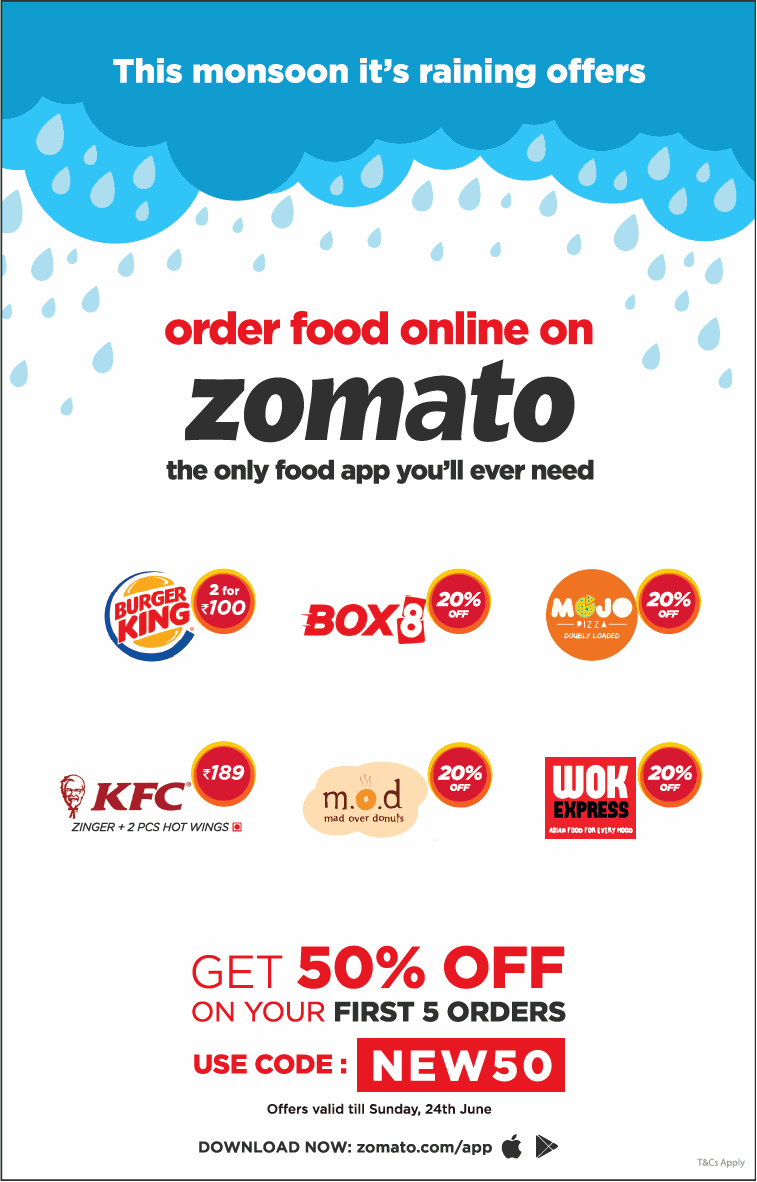Zomato Order Food Online Get 50% Off On Your First 5 Orders Ad - Advert