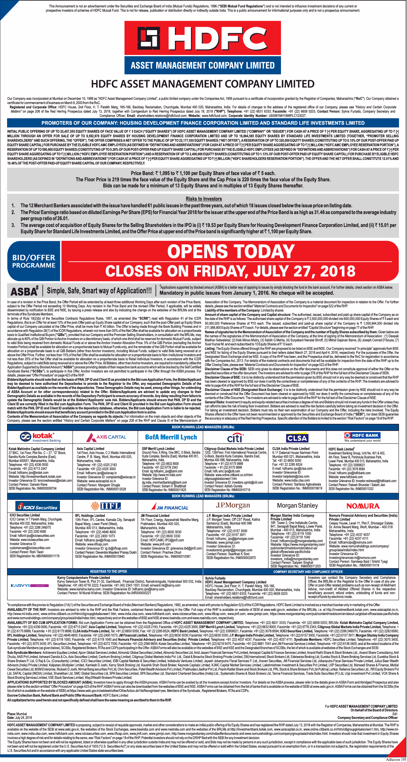 Hdfc Asset Management Company Limited Bid Offer Programme Ad Advert 