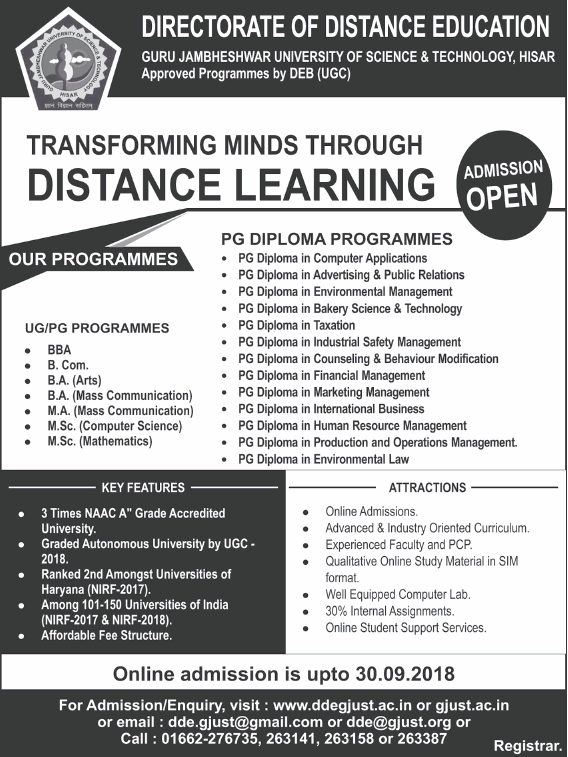 Directorate Of Distance Education Admission Open Ad - Advert Gallery