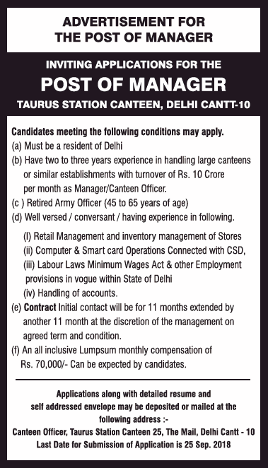 Taurus Station Canteen Delhi Cantt 10 Inviting Applications Ad Advert 