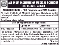 All India Institute Of Medical Sciences Rishikesh Phd Program - 2019 Session Ad