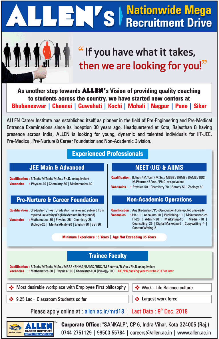 Allens Nationwide Mega Recruitment Drive Ad in Times Ascent Delhi