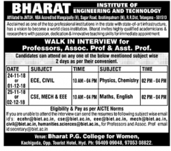 Bharat Institute Of Engineering And Technology Walk In Interview Ad in Deccan Chronicle Hyderabad