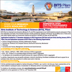 Bits Pilani Admissions Open for PhD Programmes Second Semester Ad