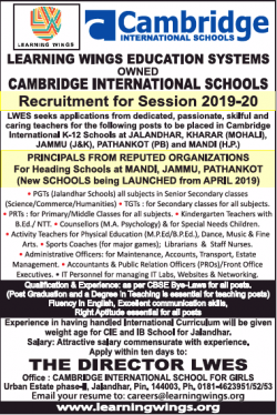 Cambridge International Schools Recruitment Ad in Times Ascent Delhi