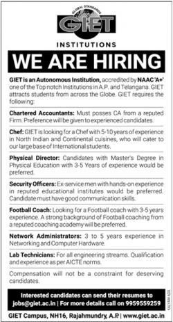 Giet Institutions We Are Hiring Ad in Deccan Chronicle Hyderabad