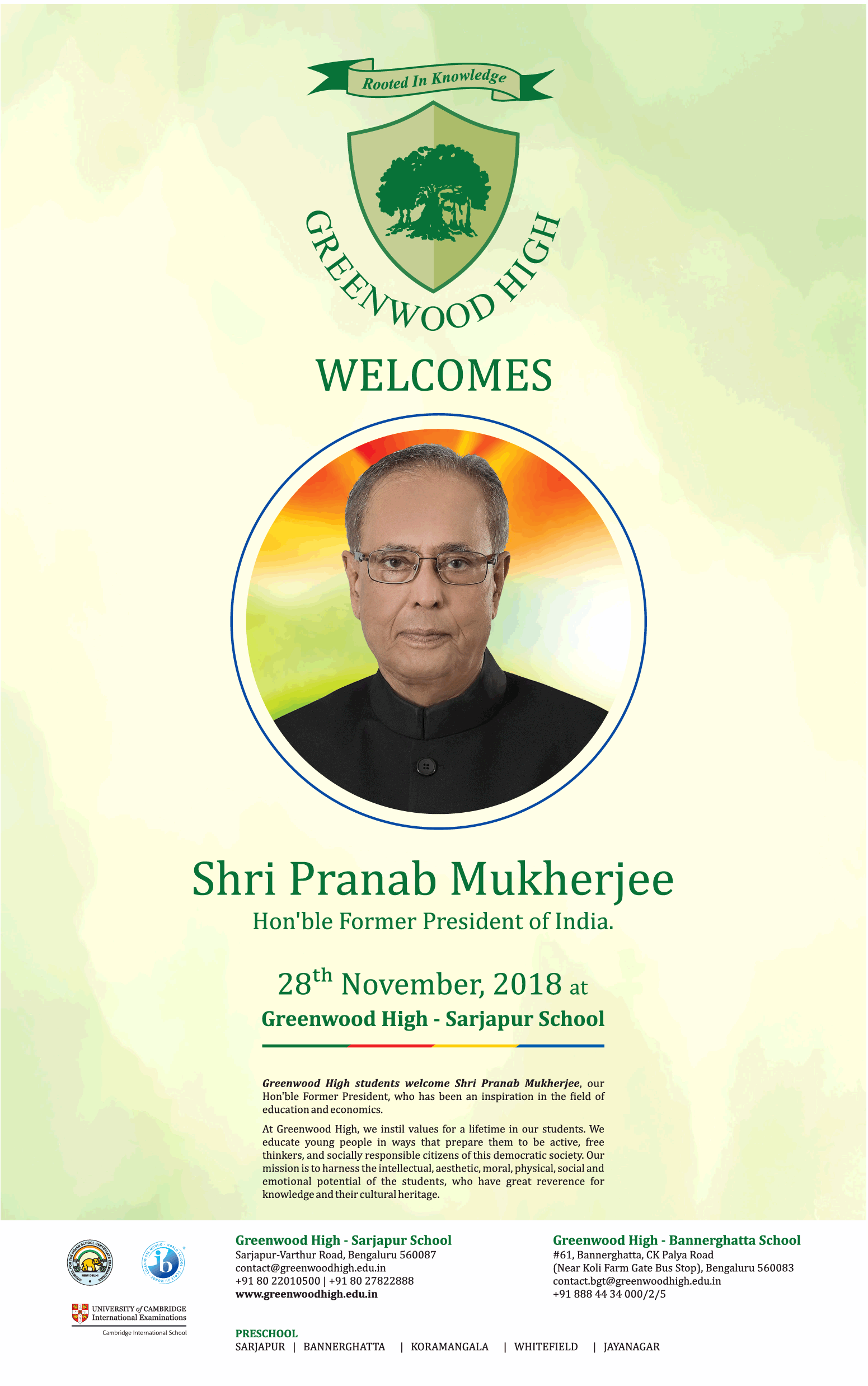 Greenwood High Sarjapur School Welcomes Shri Pranab Mukherjee Ad