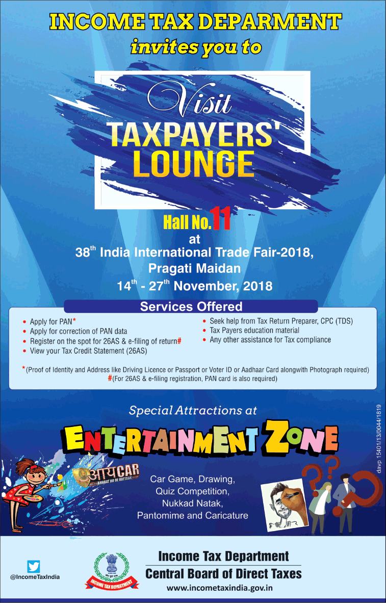 Income Tax Department invites you to visit Taxpayers Lounge Ad in Times of India Delhi