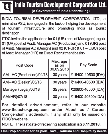 India Tourism Development Corporation Ltd Requires Assistant Manager Ad