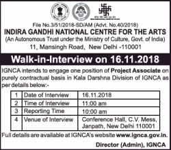 Indira Gandhi National Center For The Arts Walk In Interview Ad in Times of India Delhi