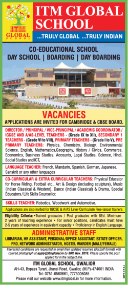 ITM Global School Vacancies Ad in Times Ascent Delhi