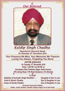 Kuldip Singh Chadha Obituary Ad in Times of India Mumbai