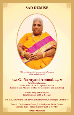 Narayani Ammal Obituary Ad in Times of India Chennai