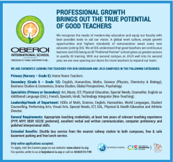 Oberoi International School Teachers Recruitment Advertisement in Times Ascent Mumbai Newspaper