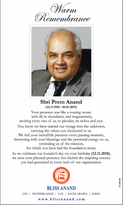 Warm Remembrance Shri Prem Anand Ad in Times of India Mumbai
