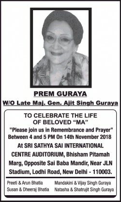 Prem Guraya Remembrance Ad in Times of India Delhi on 14-11-2018