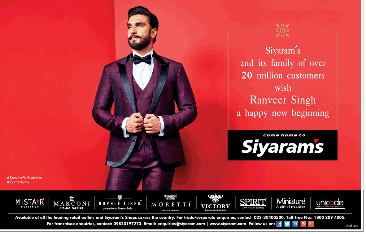 Ranveer Singh is the new brand ambassador of Siyaram's
