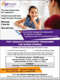 S.P. Jain Institute of Management & Research (spjimr) Bharatiya Vidya Bhavan Post Graduate Management Programme for Women Ad in Bombay Times