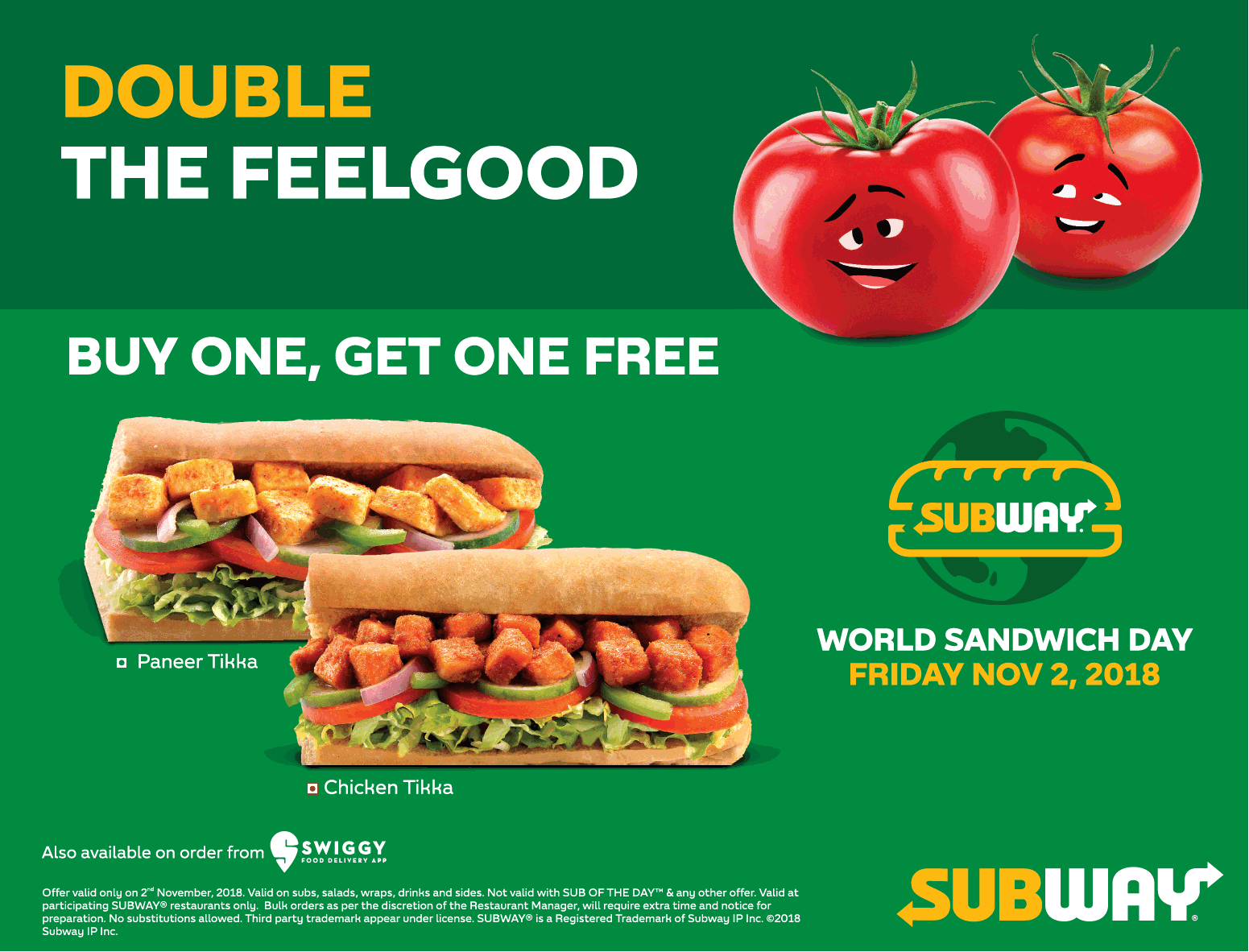 Subway Double The Feelgood Buy One, Get One Free on World Sandwich Day