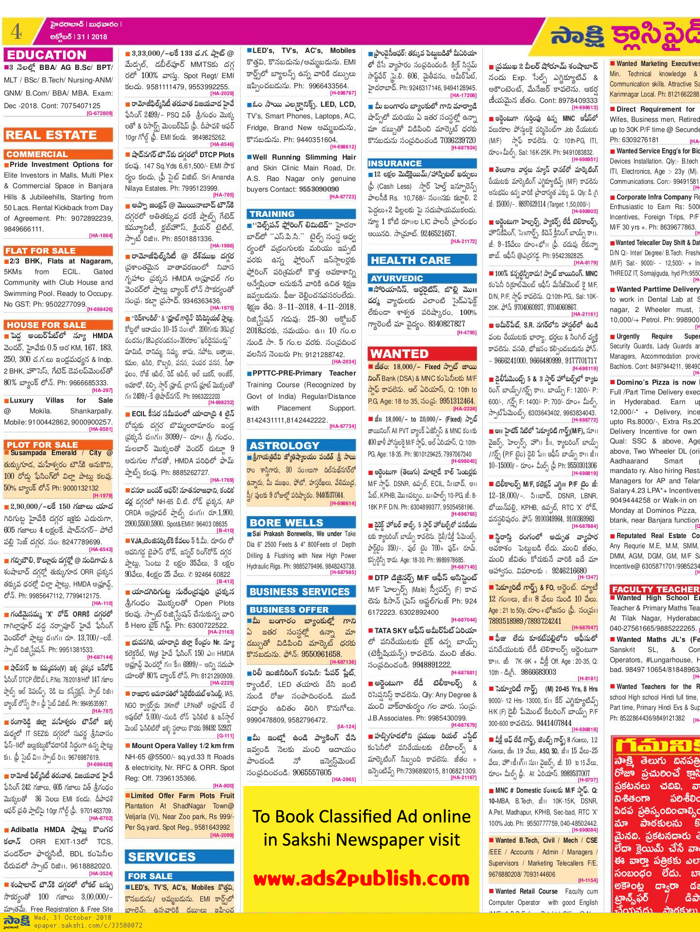 Today's Sakshi Classifieds Hyderabad Page 31-10-2018 - Advert Gallery