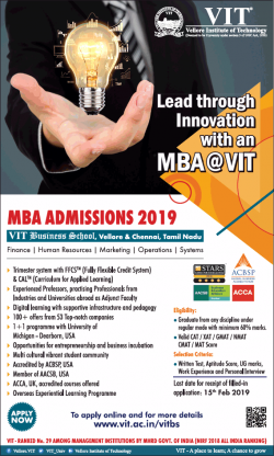 Vellore Institute Of Technology MBA Admissions Open 2019 Ad in Times of India Mumbai