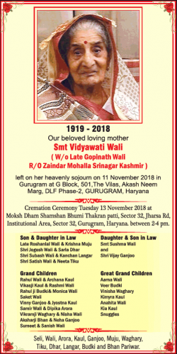 Vidyawati Wali Obituary Ad in Times of India Mumbai