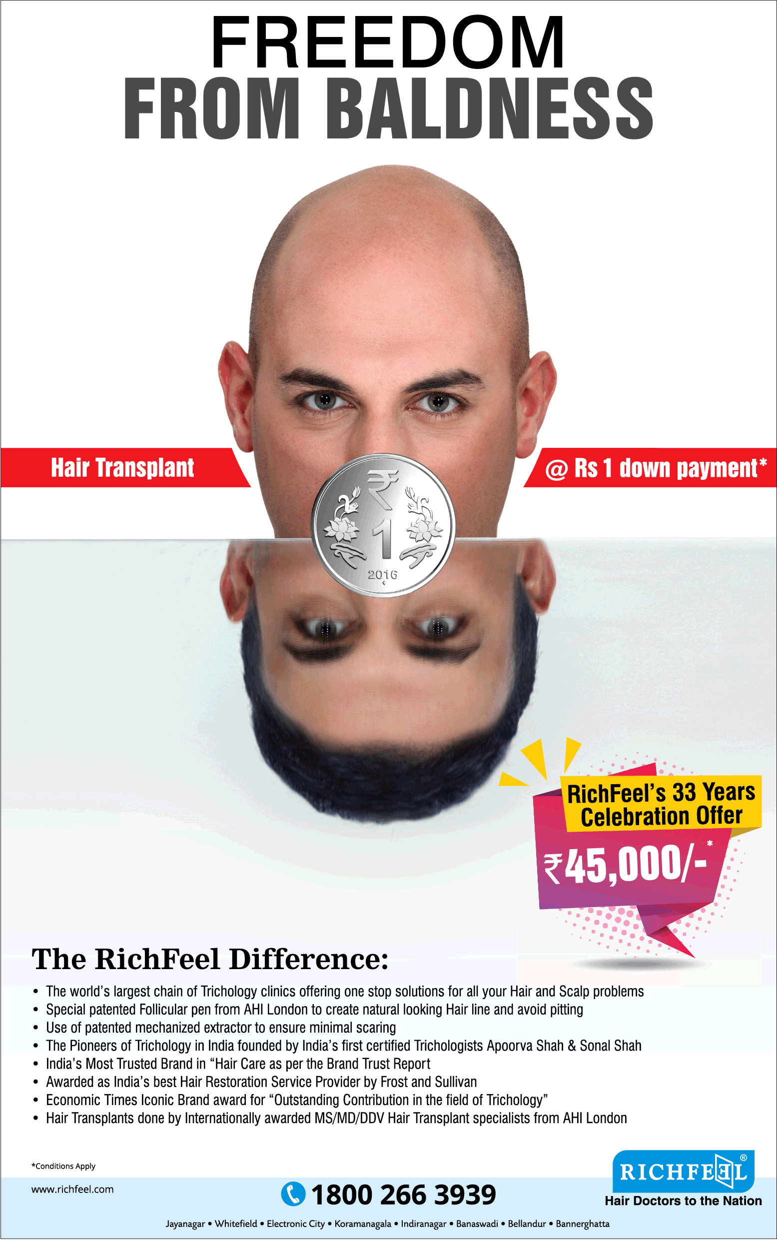 Richfeel Freedom From Baldness Hair Transplant At Rs 1 Downpayment Ad -  Advert Gallery