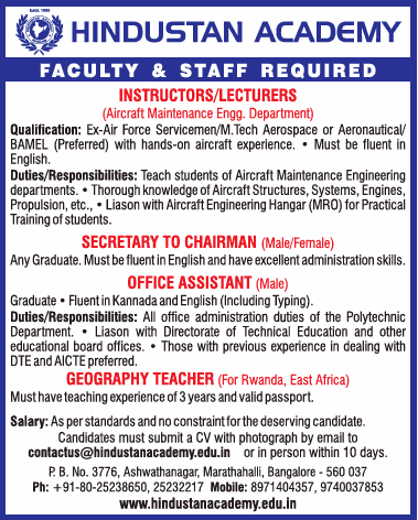 Hindustan Academy Faculty And Staff Required Ad - Advert Gallery