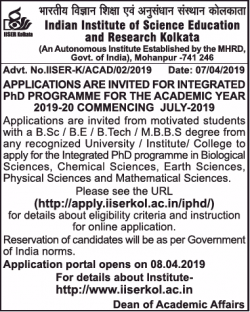 indian-institute-of-science-education-and-research-centre-applications-invited-for-integrated-phd-programme-ad-times-of-india-bangalore-09-04-2019.png