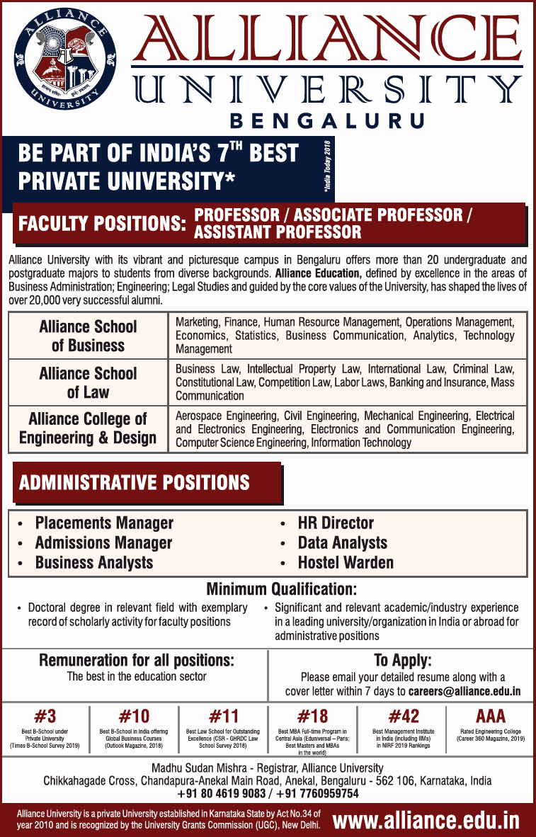 Alliance University Invites Applications For Faculty Positions