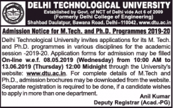 delhi-technological-university-admission-notice-for-mtech-ad-times-of-india-bangalore-03-05-2019.png