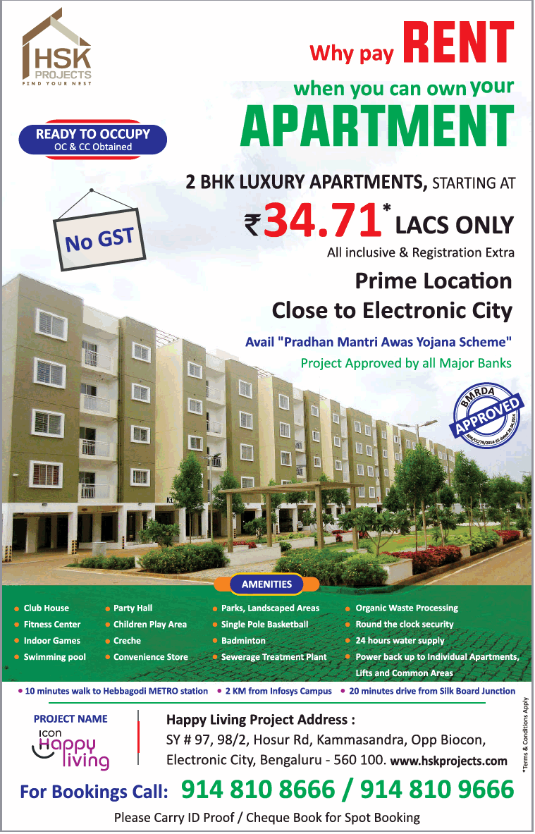 Hsk Projects 2 Bhk Luxury Apartments Rs 34.71 Lacs Only Ad - Advert Gallery
