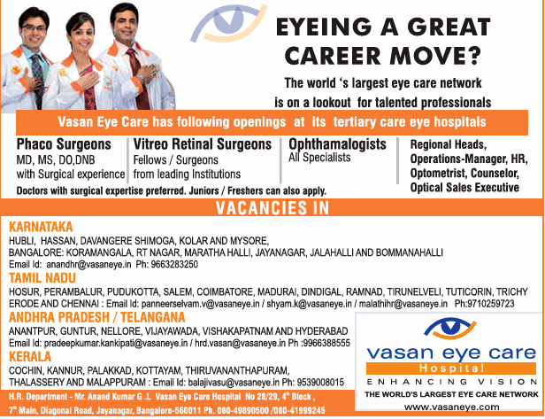 Vasan Eye Care Has Following Openings Phaco Surgeons Ad - Advert Gallery