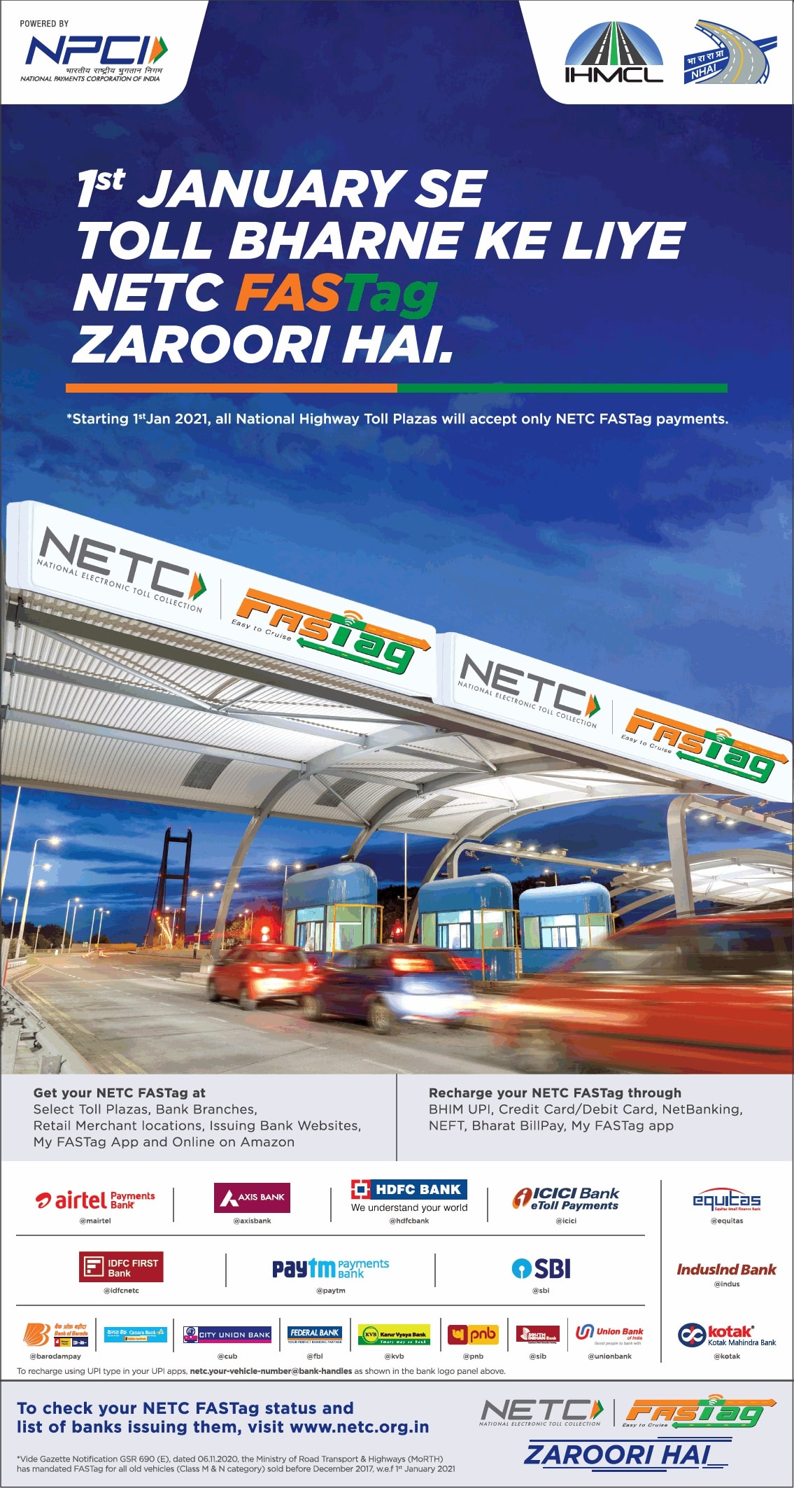 npci-starting-1st-jan-2021-all-national-highway-toll-plazas-will-accept-only-netc-fastag-payments-ad-toi-delhi-26-12-2020